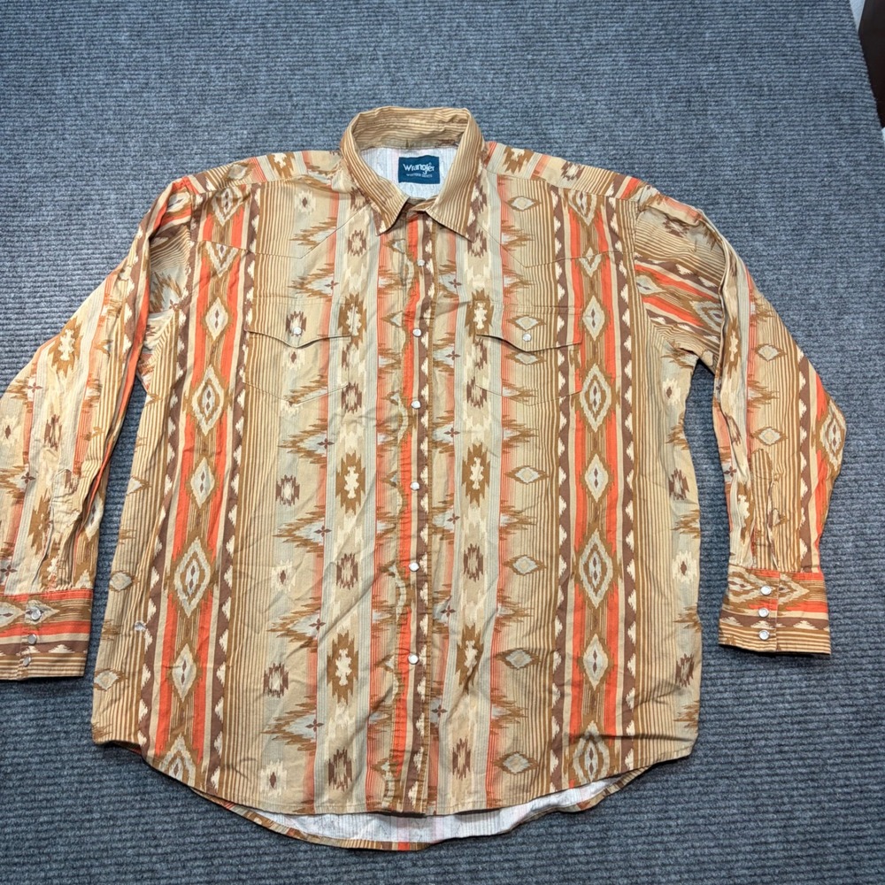 Wrangler Western Shirt Mens XL Tan Orange Aztec Geometric Pearl Snap Long Sleeve